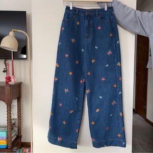 NWOT Princess Highway Size 8 Floral Embroidered Wide Leg Jeans